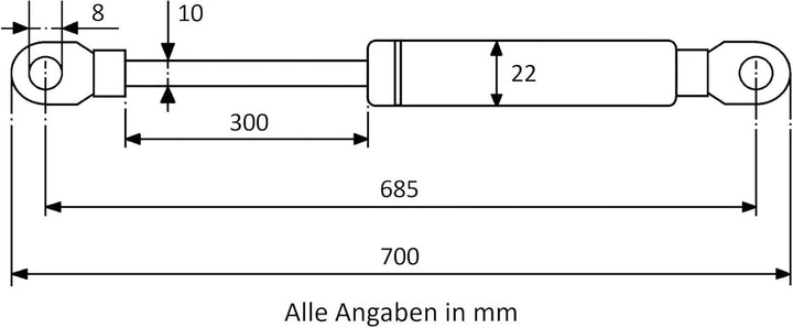 Secuplan Gasdruckfeder 685 mm, 300 mm Hub, 700 N, Ø 8/6 mm, abnehmb. Augen Gasdruckdämpfer, Gasfeder
