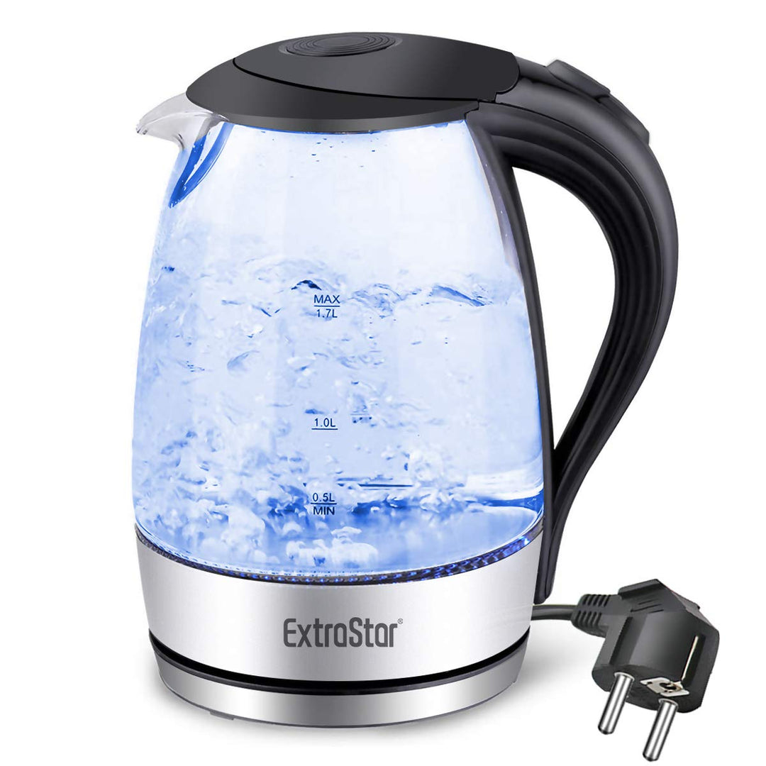 EXTRASTAR Elektrischer Wasserkocher aus Wasserglas mit blauem LED-Licht, bpa, automatischer Abschalt