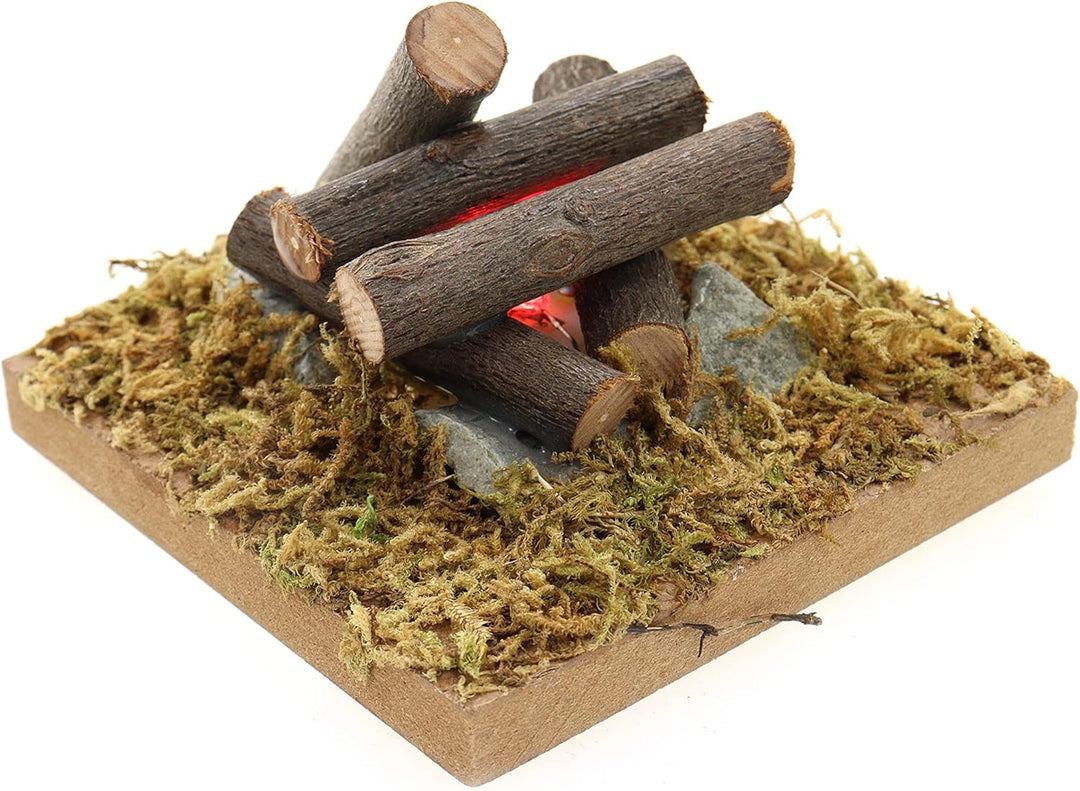 ELLUG Krippenzubehör Set 5tlg. Zubehörteile aus Holz: Futterkrippe, Kochstelle, Lagerfeuer mit LED,