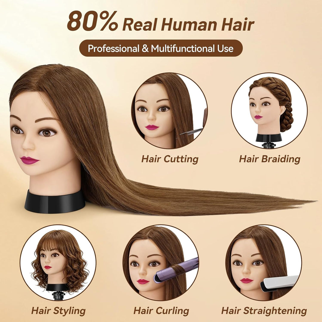 Trainingskopf 24 Zoll – 80% Echthaar Übungskopf für Friseur, Frisierkopf Echthaar,Styling Mannequin