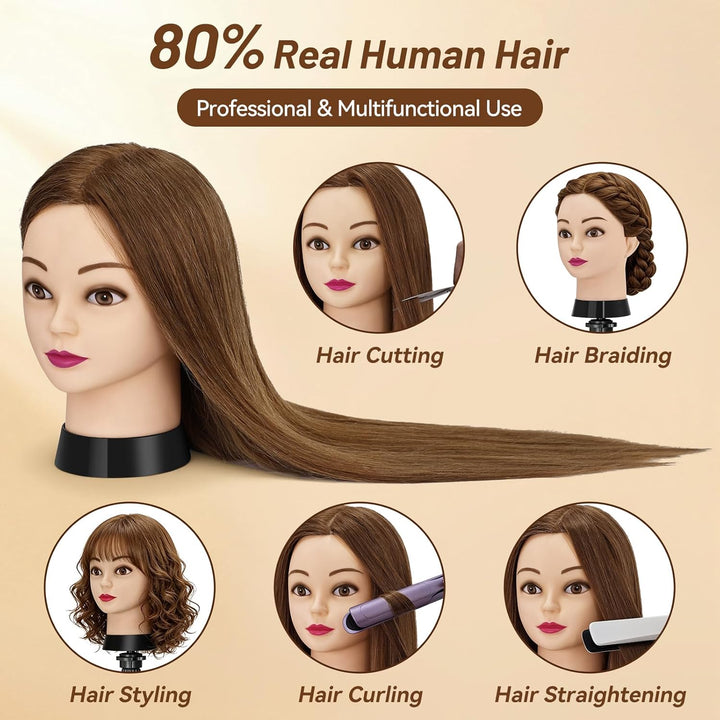 Trainingskopf 24 Zoll – 80% Echthaar Übungskopf für Friseur, Frisierkopf Echthaar,Styling Mannequin