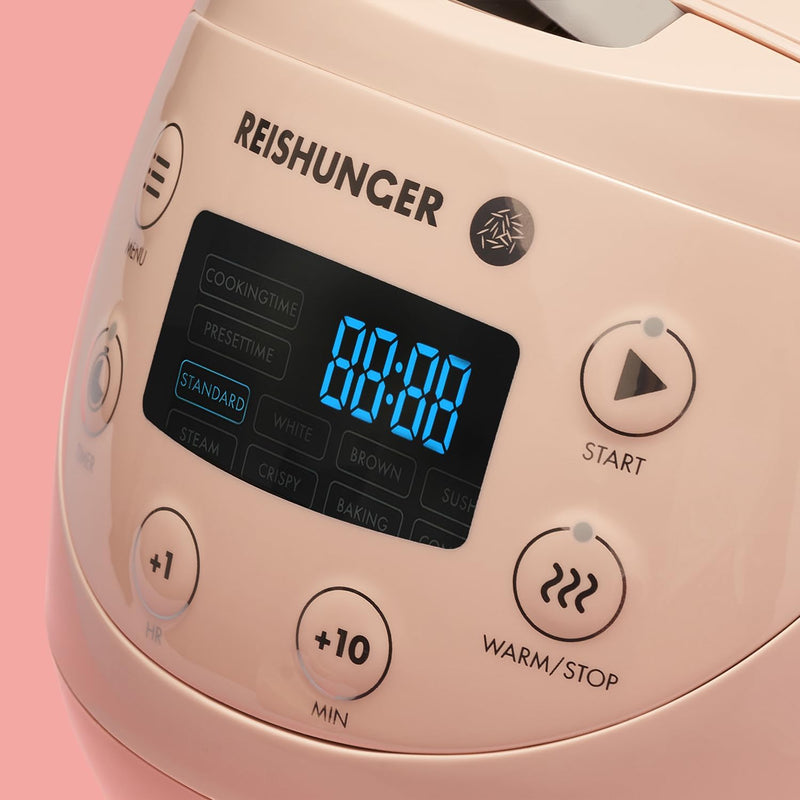 REISHUNGER Digitaler Reiskocher klein, rosa | 0,6 L bis 3 Personen | Warmhaltefunktion, Timer & Prem