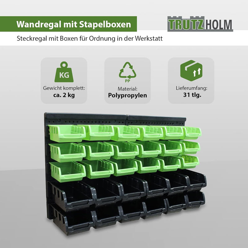 TRUTZHOLM Stapelboxen mit Wandregal 32 TLG Kleinteilemagazin Schütten mit Etikettenfach (grün), Grün