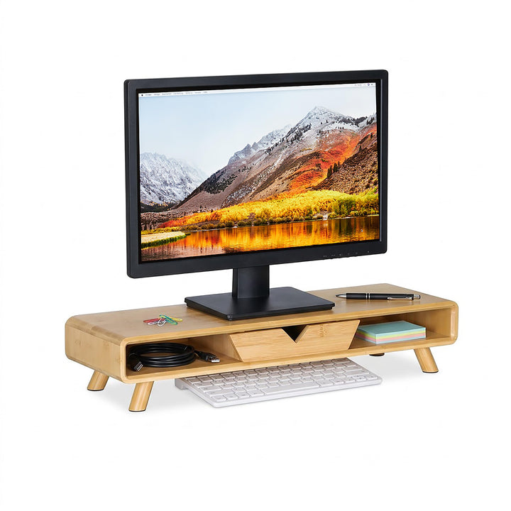 Relaxdays Monitorständer, 2 Fächer &amp; Schublade, HBT: 13 x 62 x 20,5 cm, Bambus, Schreibtisch, Bildsc