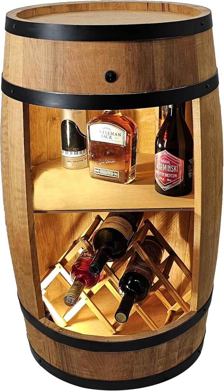 CREATIVE COOPER Fassbar LED mit Weinhalter - Weinregal - Holzfass Hausbar 80x50cm - Rustikaler deko