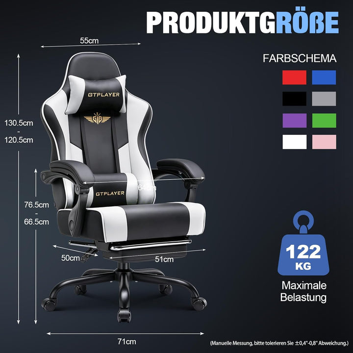 GTPLAYER Gaming Stuhl Chair Gamer Sessel - Ergonomischer Gamer Stuhl mit Fussstütze Kopfstütze und L