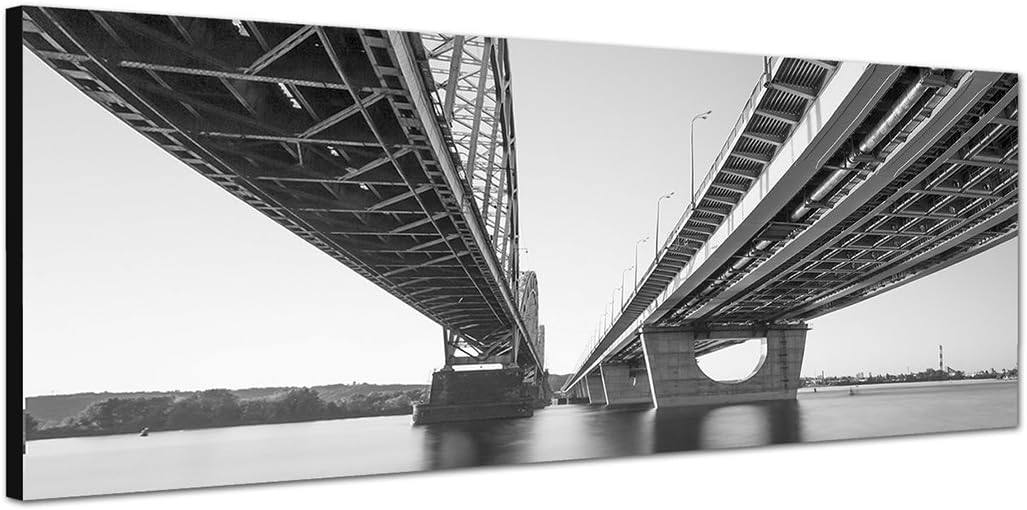 Paul Sinus Art Panoramabild auf Leinwand und Keilrahmen 150x50cm Kiew Brücke Wasser schwarz/weiss
