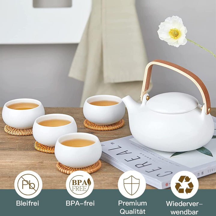 ZENS Teeservice mit Sieb, 800ml Holzgriff Matt Japanische Teekanne Keramik Weiss mit 4 Tassen und Ra