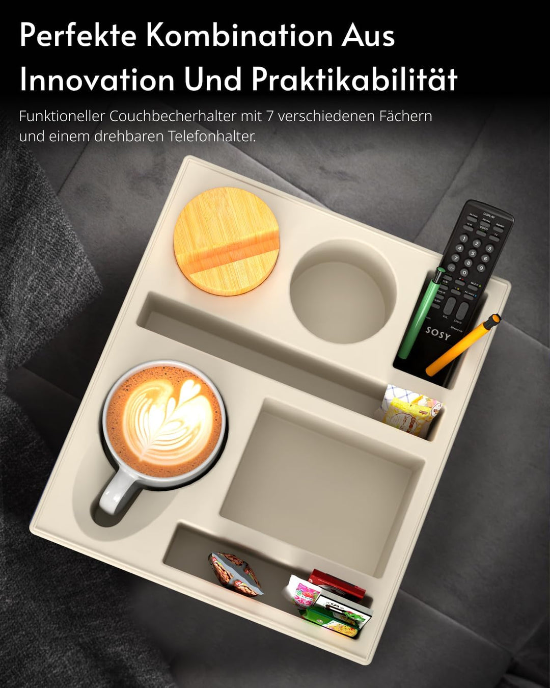 Couchbar Snackbox Silikon sofatablett mit 360 Grad Drehbar Handyhalter beistelltisch mit Holz Sofata