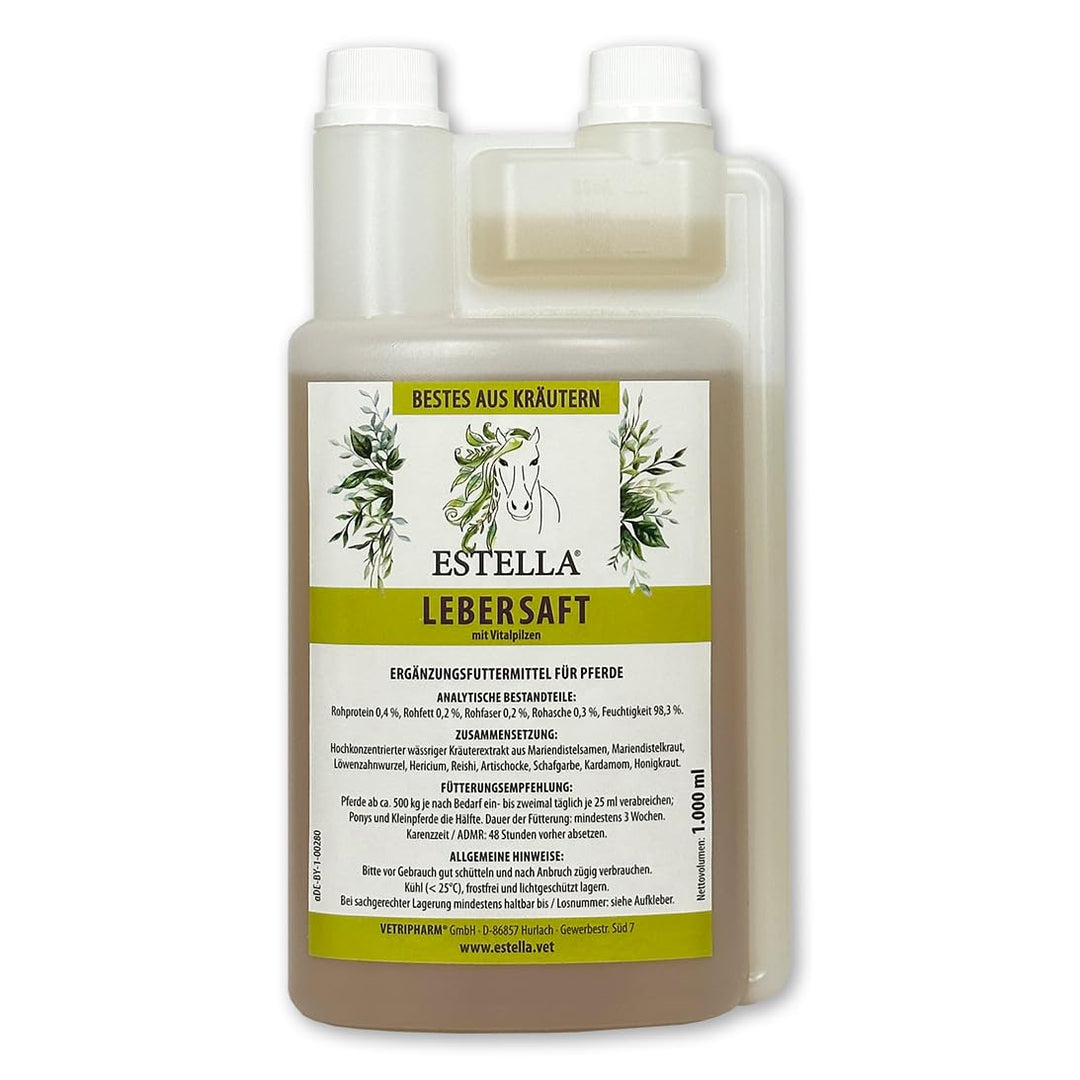 ESTELLA Lebersaft (1Liter) I Kräuterauszug mit Vitalpilzen fürs Pferd, hoch konzentrierter Kräuterex