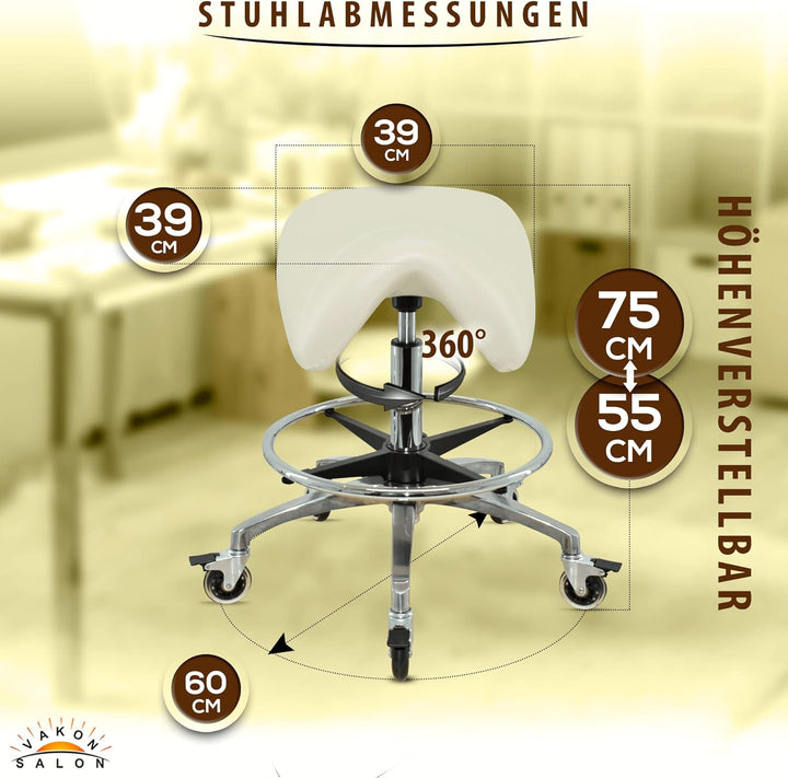 Premium Sattelhocker weiss mit Bremse, Sattelstuhl für Rückenentlastung, Rollhocker höhenverstellbar