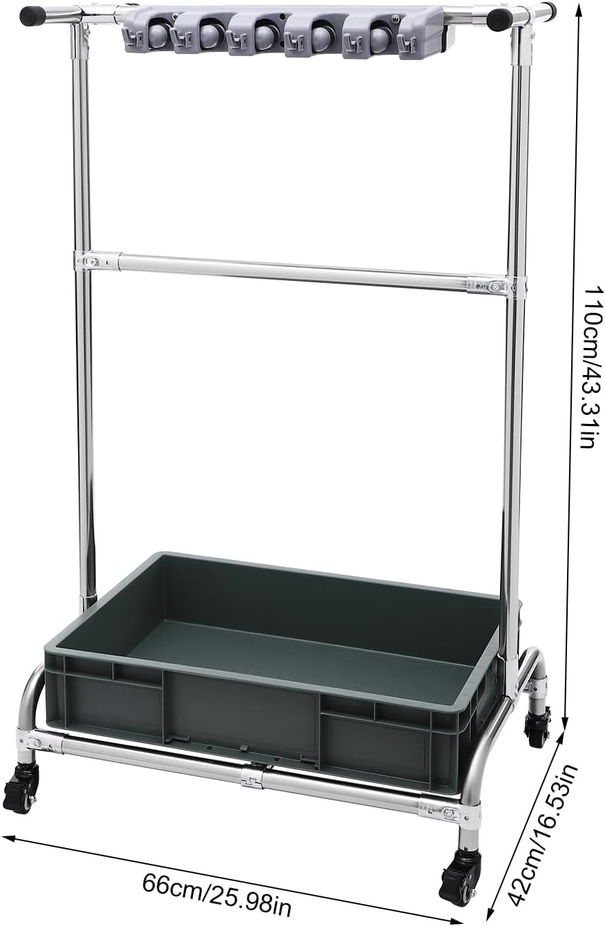 Mopphalter mit Rollen, Besenhalter Standregal aus Edelstahl, Reinigungsgeräte Organizer mit Auffangs