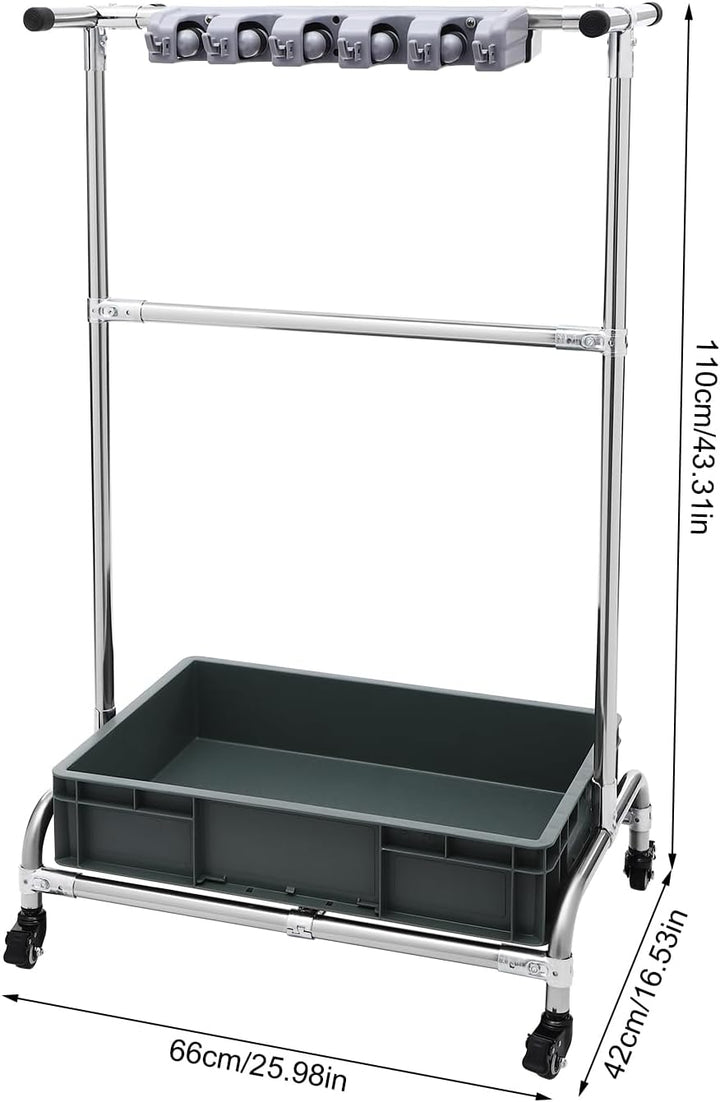 Mopphalter mit Rollen, Besenhalter Standregal aus Edelstahl, Reinigungsgeräte Organizer mit Auffangs