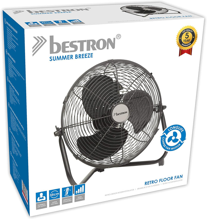 Bestron Bodenventilator im Retro-Stil, Windmaschine mit 3 Geschwindigkeitsstufen & stufenlos neigbar