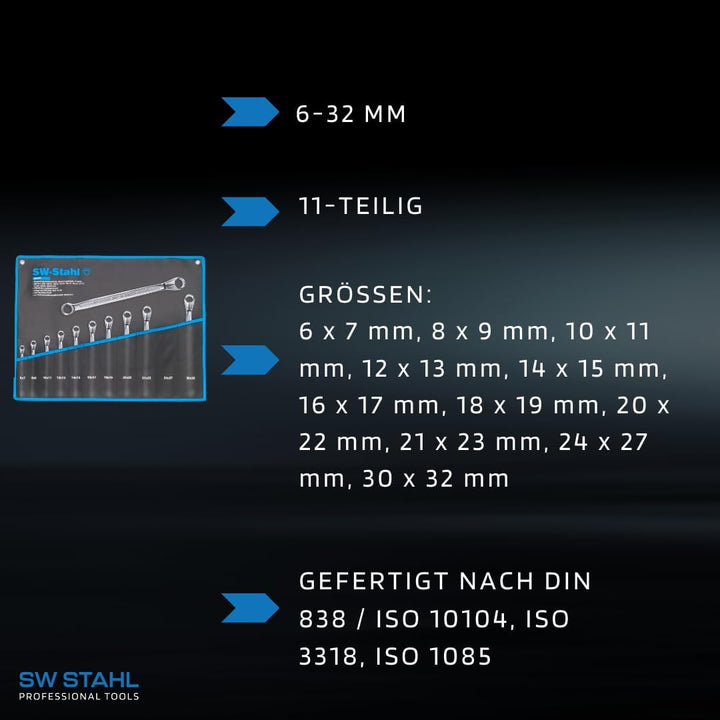 SW-Stahl 00181L Doppelringschlüssel-Satz 6-32 mm, 11-teilig tief gekröpft I Ringschraubenschlüssel I