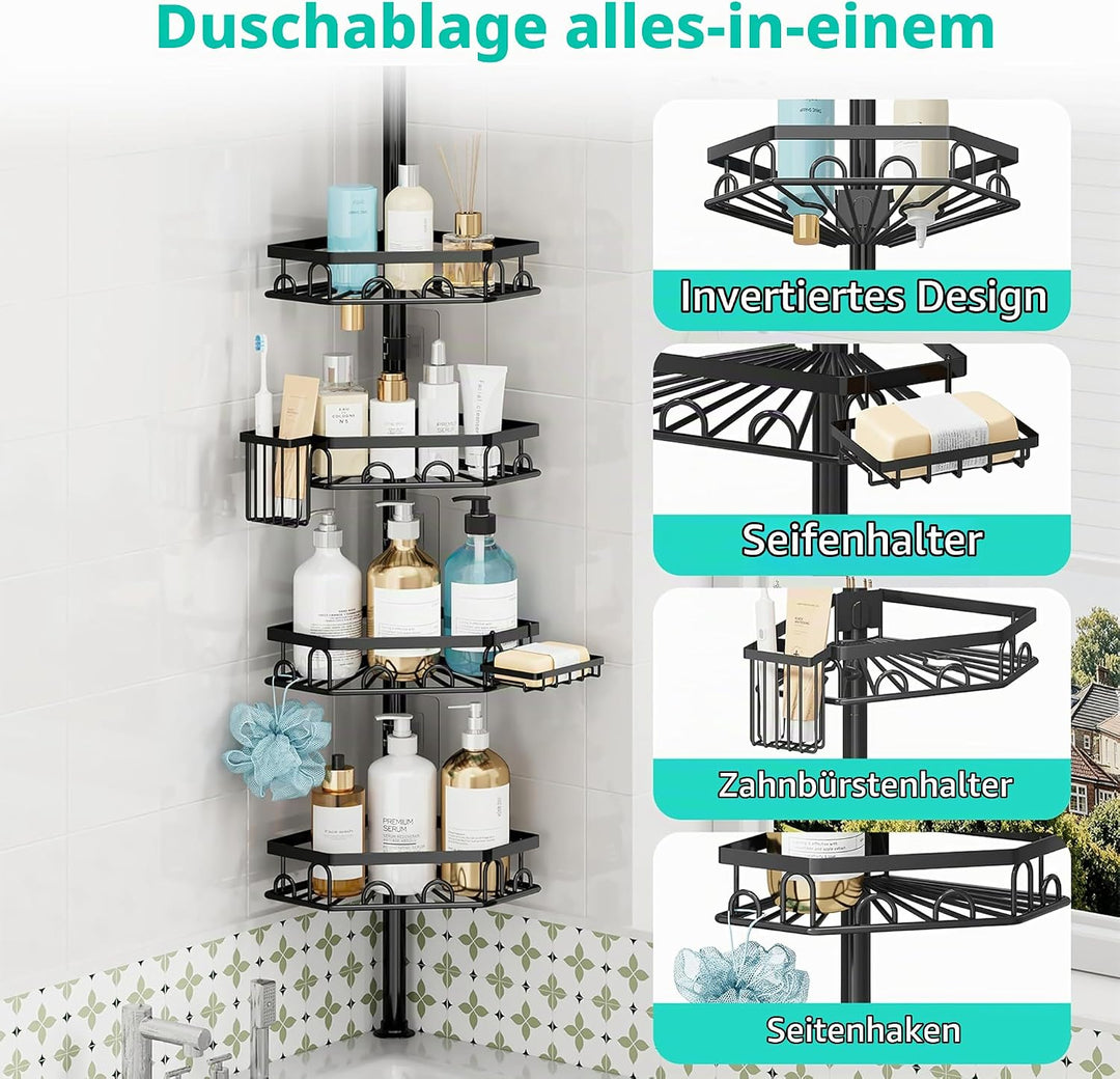 HapiRm Teleskopstange Duscheckregal Teleskop - Teleskopregal, 70-276cm | 4 Tier rostfrei Teleskop Ba
