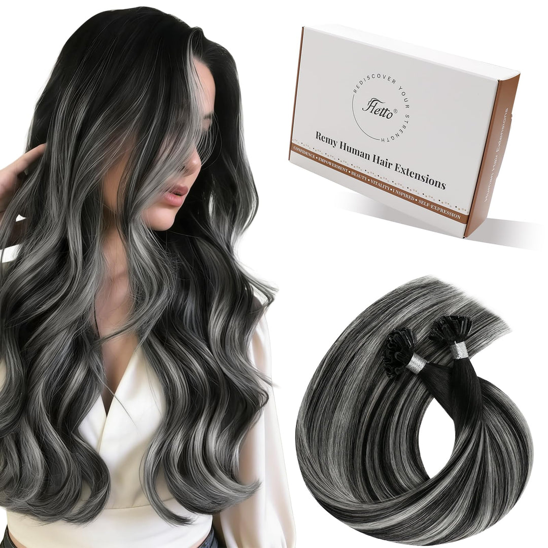Hetto Extensions Echthaar Bondings Balayage Schwarz & Silber 40cm 50 Stück 1g/Stück – Natürliche Str