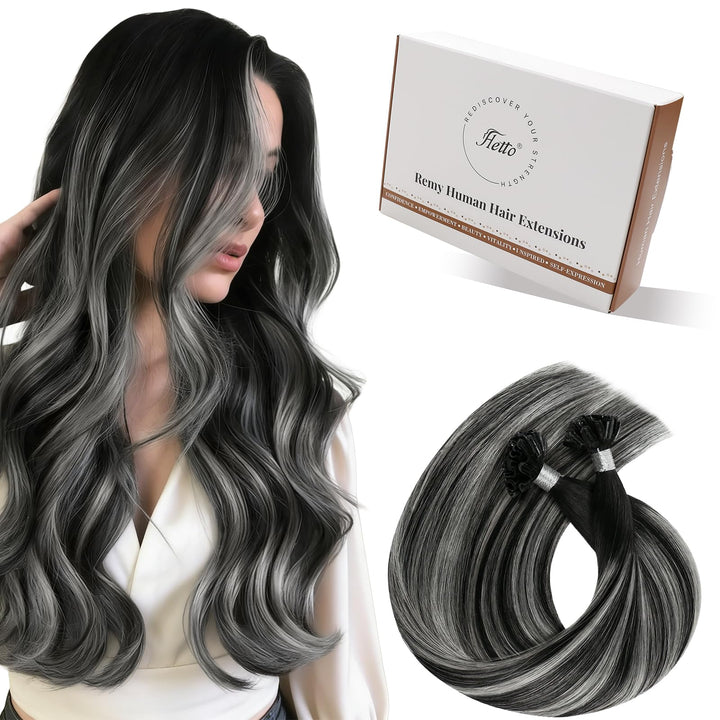 Hetto Extensions Echthaar Bondings Balayage Schwarz & Silber 40cm 50 Stück 1g/Stück – Natürliche Str