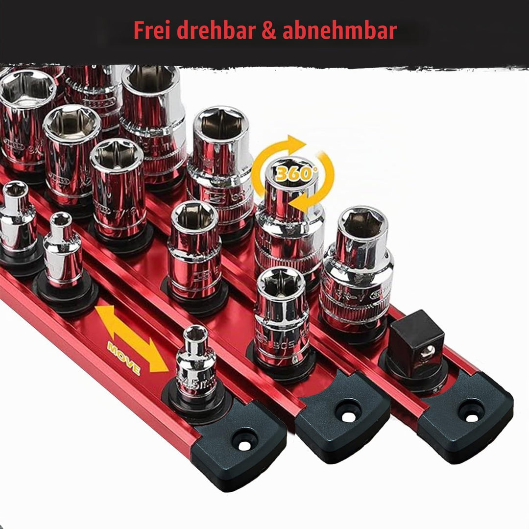 ACEBON Magnetische Stecknuss-Rail 3-tlg, Aluminium Steckschlüssel-Organizer mit 40 Drehbare Clips fü