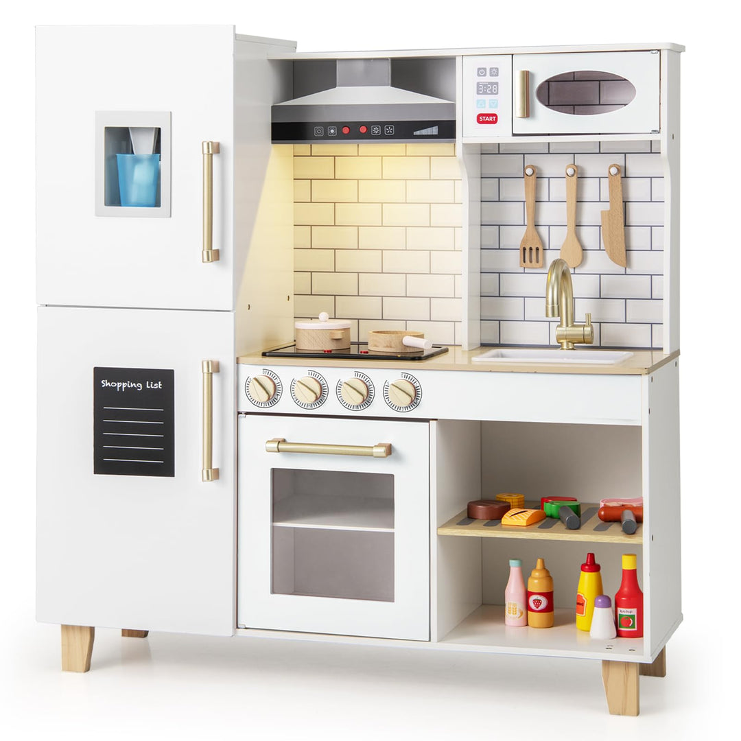 DREAMADE Kinderküche Holz mit 10 TLG. Zubehör, Holzküche Kinder Küche mit Herd Dunstabzugshaube Eism