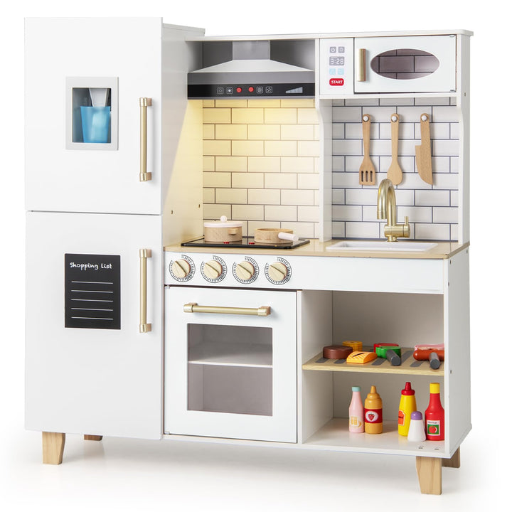 DREAMADE Kinderküche Holz mit 10 TLG. Zubehör, Holzküche Kinder Küche mit Herd Dunstabzugshaube Eism