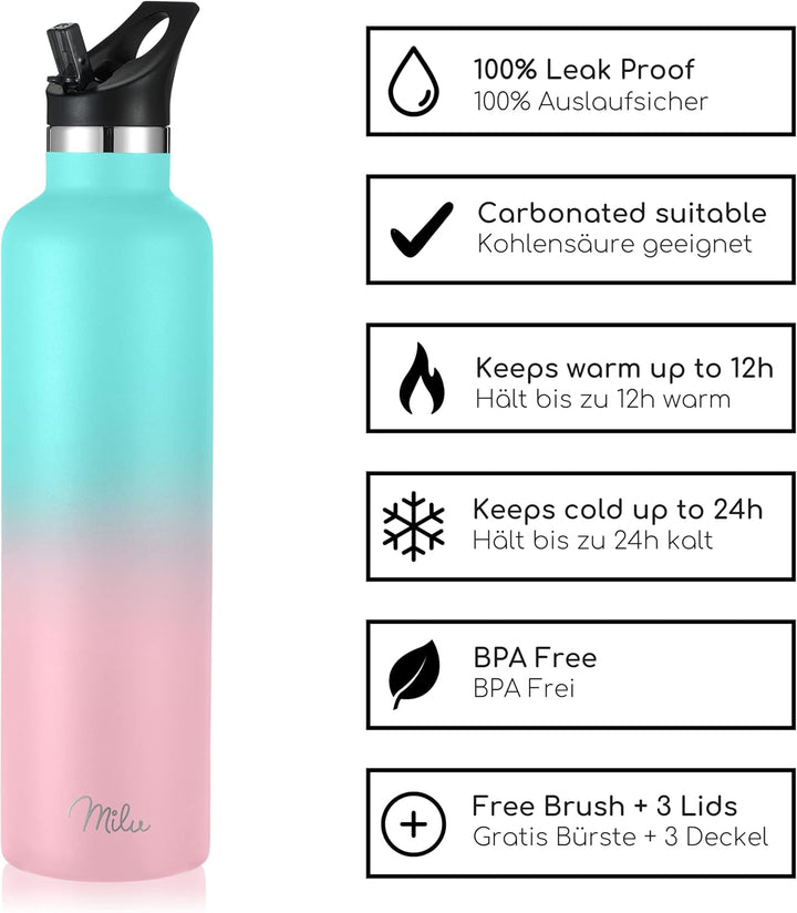 Milu Edelstahl Trinkflasche 500ml, 750ml, 1000ml (+3 Deckel) - Thermosflasche mit Strohhalm, Isolier