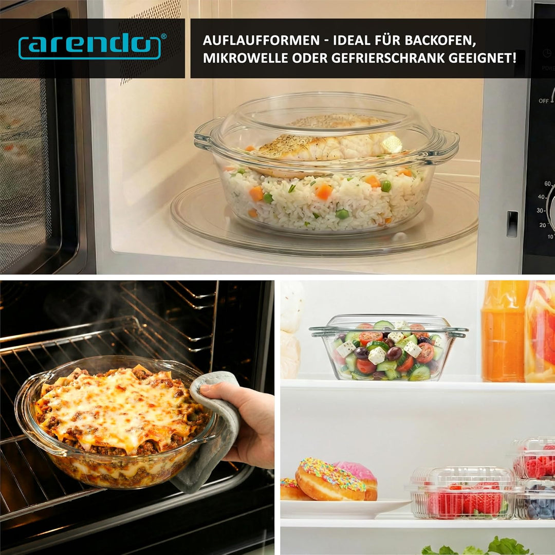 Arendo - Auflaufform mit Deckel und Griffen – 3er Set – Borosilikatglas – 3 Grössen 1000ml 1500ml 20