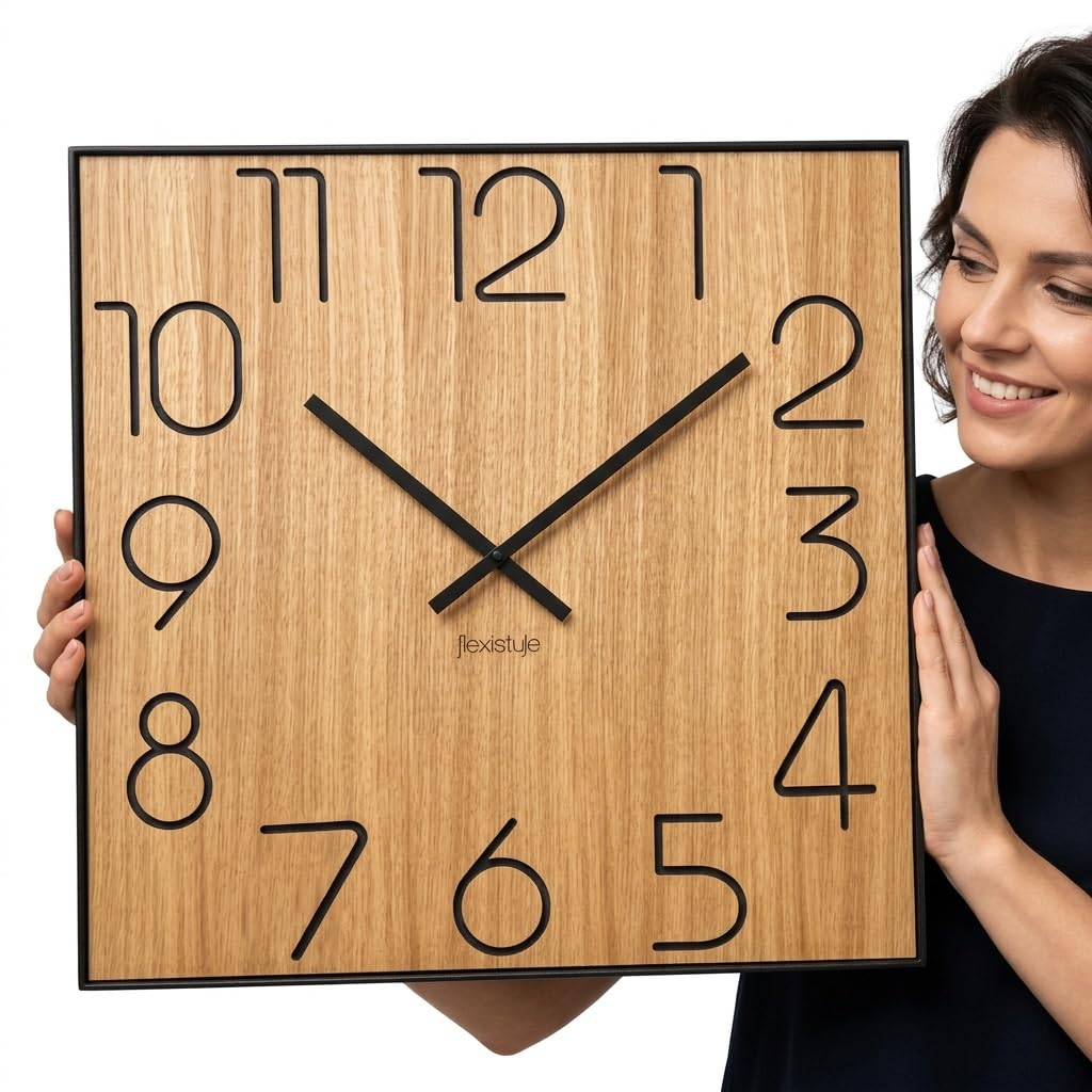 FLEXISTYLE Holzwanduhr Wood Square Holz Eiche 40cm Durchmesser holzoptik ohne tickgeräusche