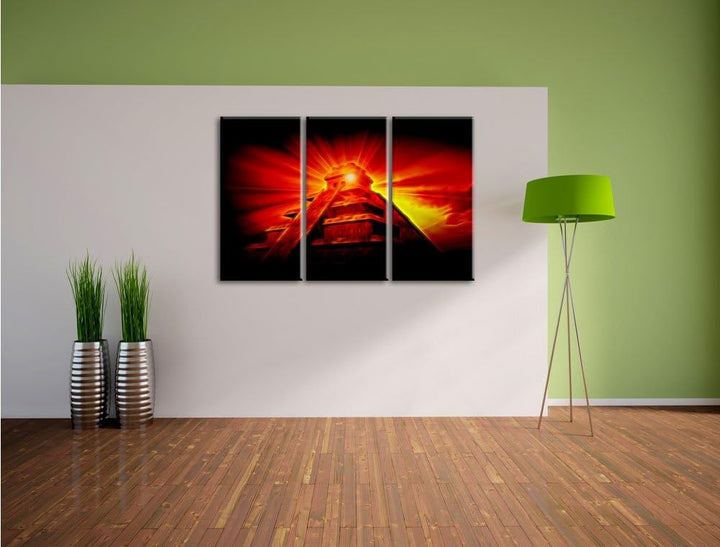 Pixxprint Maya Pyramide mit Sonnenuntergang als Leinwandbild/Grösse: 3 Teilig (120x80) cm/Wandbild/K