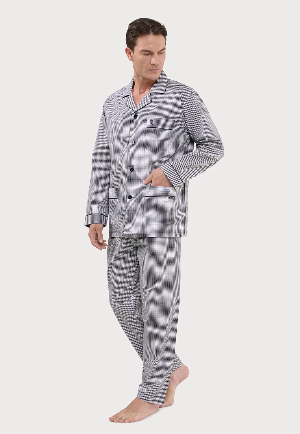El Búho Nocturno Schlafanzug Herren Lang Baumwolle Pyjama Für Herren Klassisch Revers Knopfjacke Kar