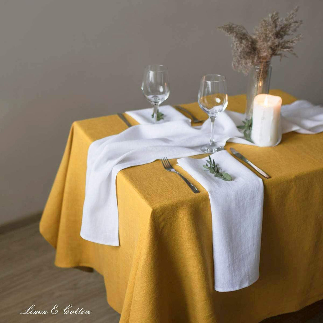 Linen & Cotton Tischdecke Stoff Tischtuch Tischwäsche Hygge - 100% Leinen, Senfgelb/Gelb (80 x 80 cm