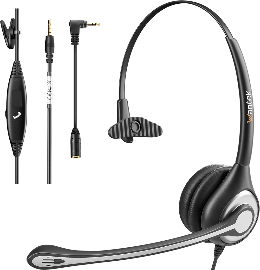 Wantek Mono-Headset mit Mikrofon für Laptop, PC-EIN-Ohr-Kopfhörer 3,5mm Klinke & 2,5mm Adapter,Geräu