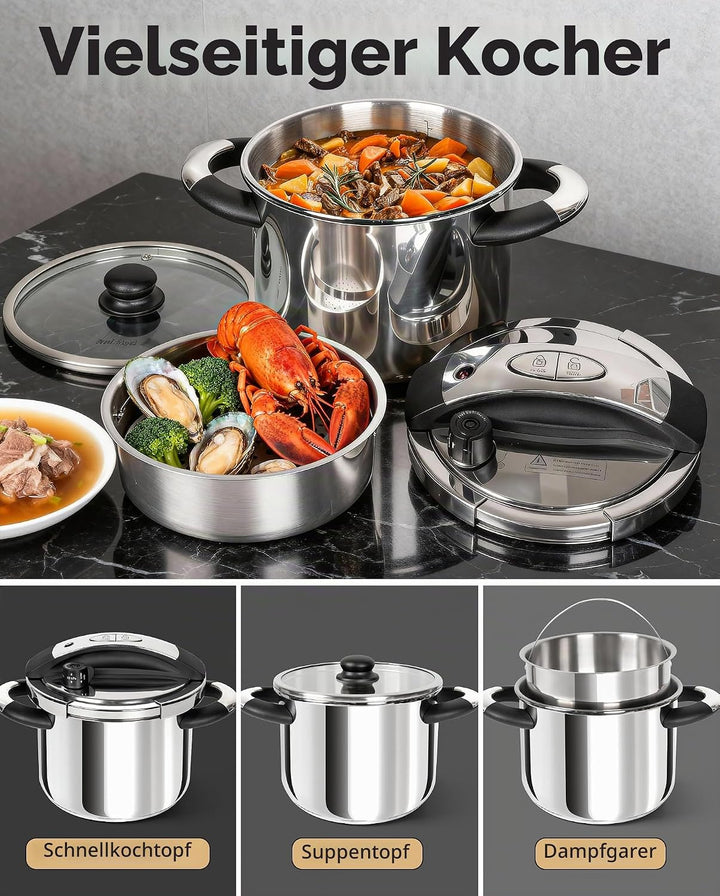 MICHELANGELO Edelstahl-Schnellkochtopf 6 Liter, für Induktion | 3-in-1 Schnellkochtopf, Reiskocher &amp;
