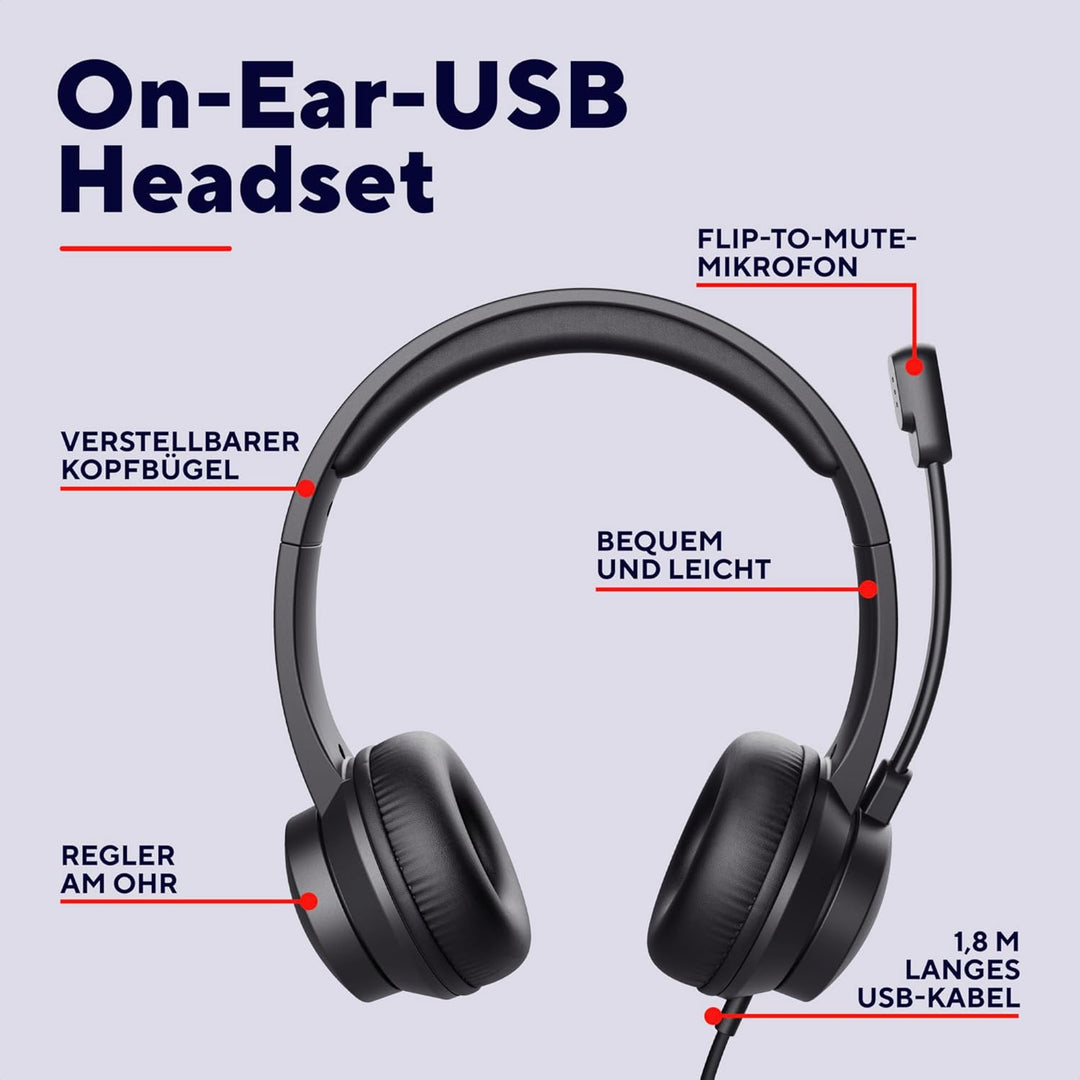 Trust Roha II USB Headset mit Mikrofon On-Ear Leichtes Design, Verstellbarer Kopfbügel, Kopfhörer mi