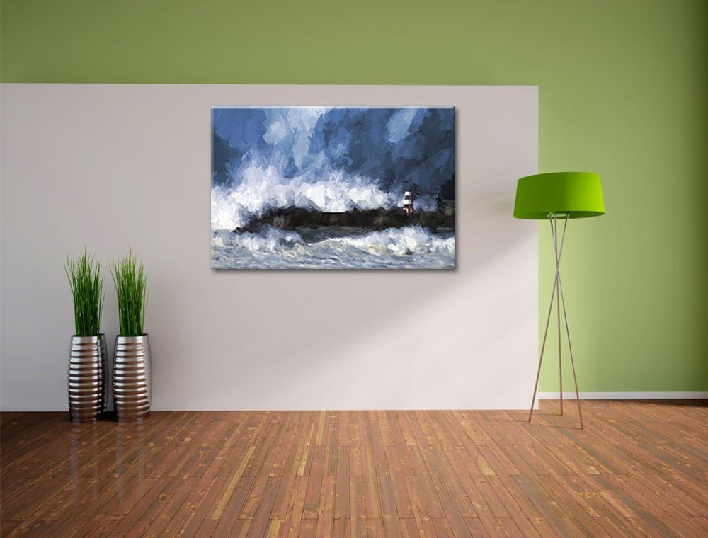 Pixxprint Tobendes Meer mit Leuchtturm Pinsel Effekt, Format: 100x70 auf Leinwand, XXL riesige Bilde