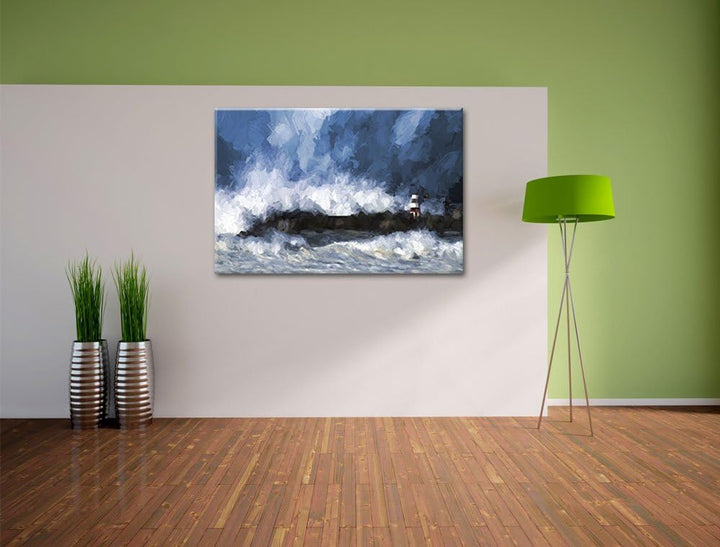 Pixxprint Tobendes Meer mit Leuchtturm Pinsel Effekt, Format: 100x70 auf Leinwand, XXL riesige Bilde