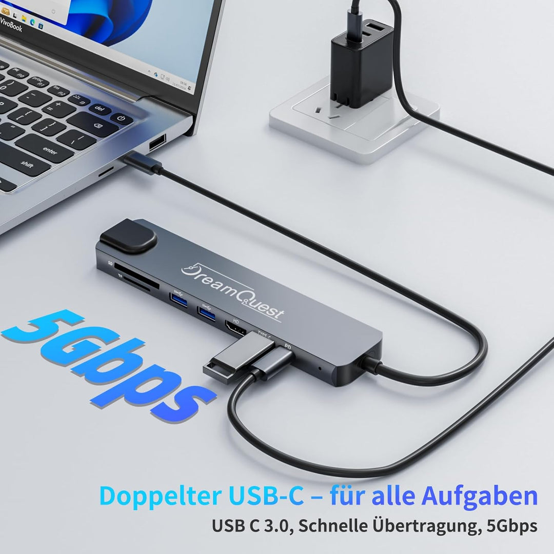 DreamQuest USB-C Hub 8-in-1 mit 100Mbps LAN-Anschluss, 4K HDMI, PD 65W, USB 3.0/2.0, SD/TF Kartenles