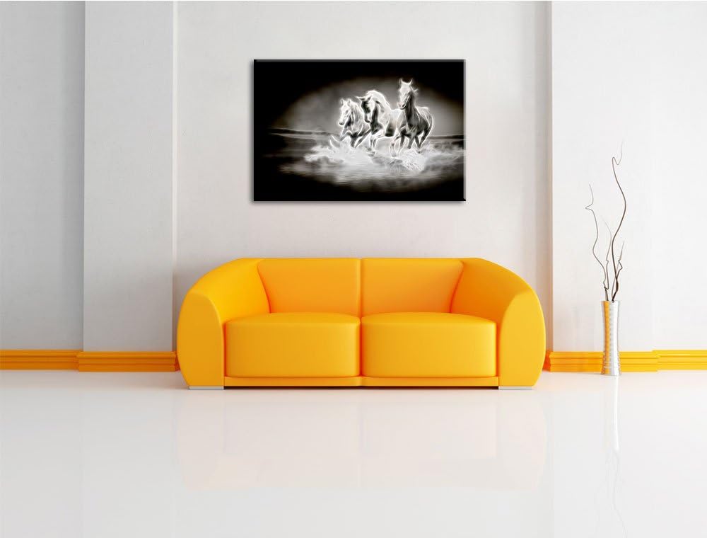Dark Weisse Pferde rennen im Wasser Deluxe Format: 100x70 cm auf Leinwand, XXL riesige Bilder fertig