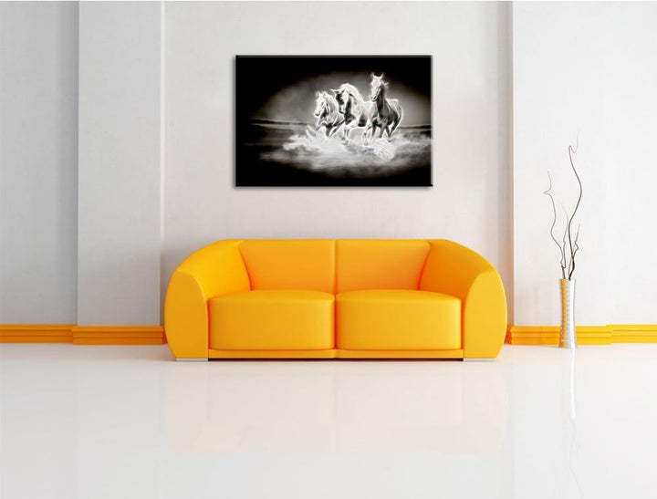 Dark Weisse Pferde rennen im Wasser Deluxe Format: 100x70 cm auf Leinwand, XXL riesige Bilder fertig