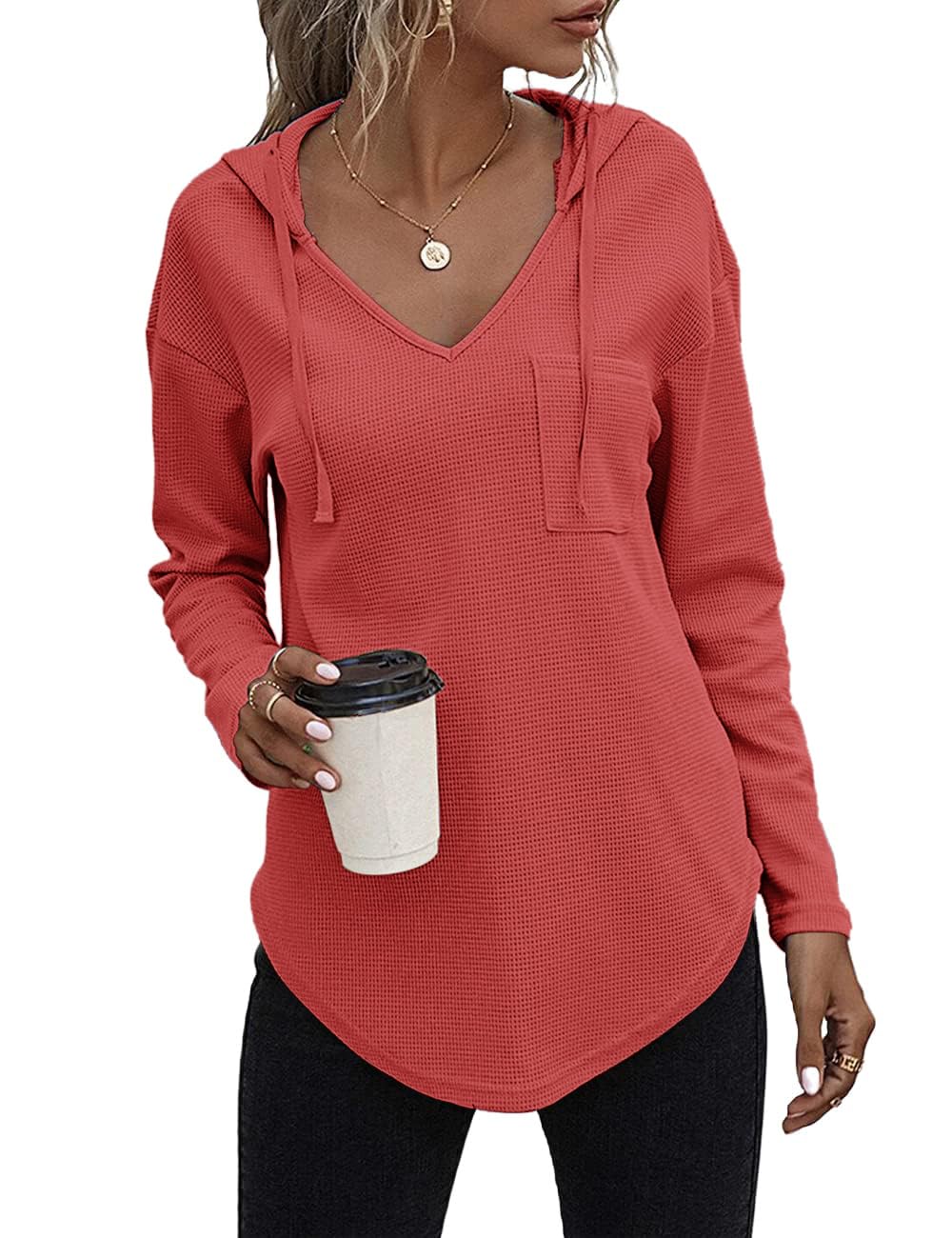 Pullover Damen Hoodie Langarm V Ausschnitt Pullover Sweatshirt Kapuzenpullover Einfarbig Drawstring