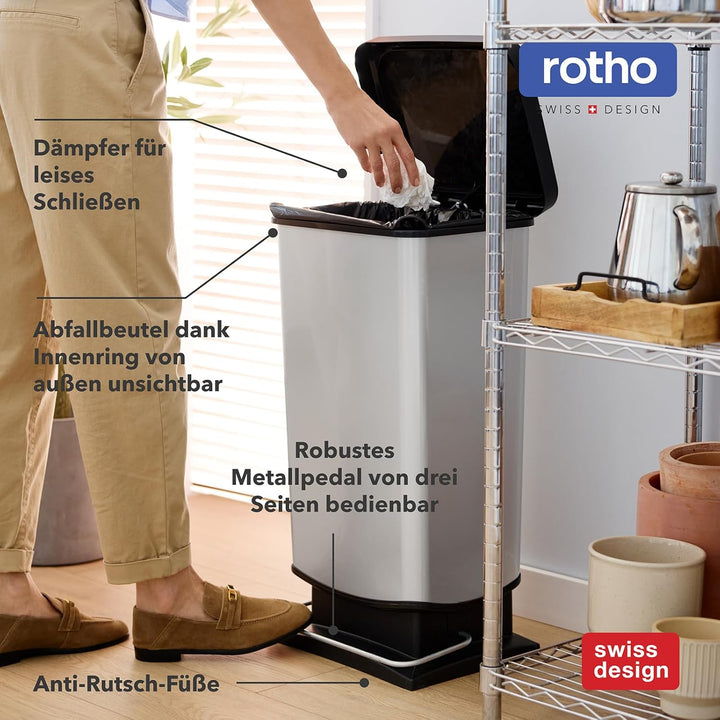 Rotho Paso Mülleimer mit Deckel 40l | Tretmülleimer in Edelstahloptik für Küche, Bad, Werkstatt | pf
