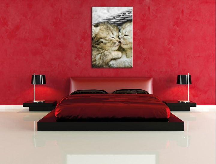 Pixxprint Zwei süsse Babykatzen im Korb als Leinwandbild/Grösse: 100x70 cm/Wandbild/Kunstdruck/ferti