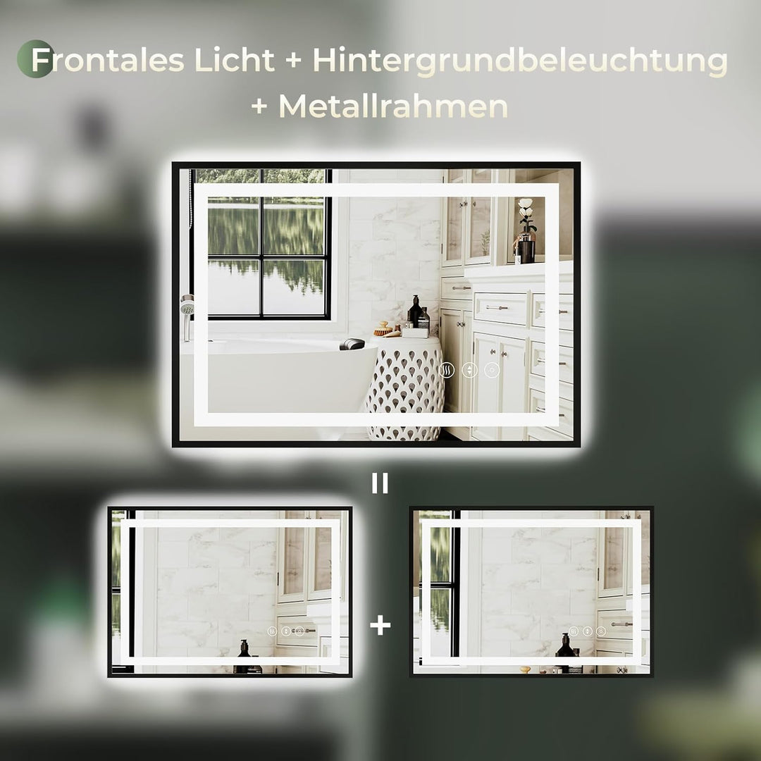Dripex Badspiegel mit Licht Badezimmerspiegel mit Rahmen, Speicherfunktion, Touch-Schalter, Dimmbar,