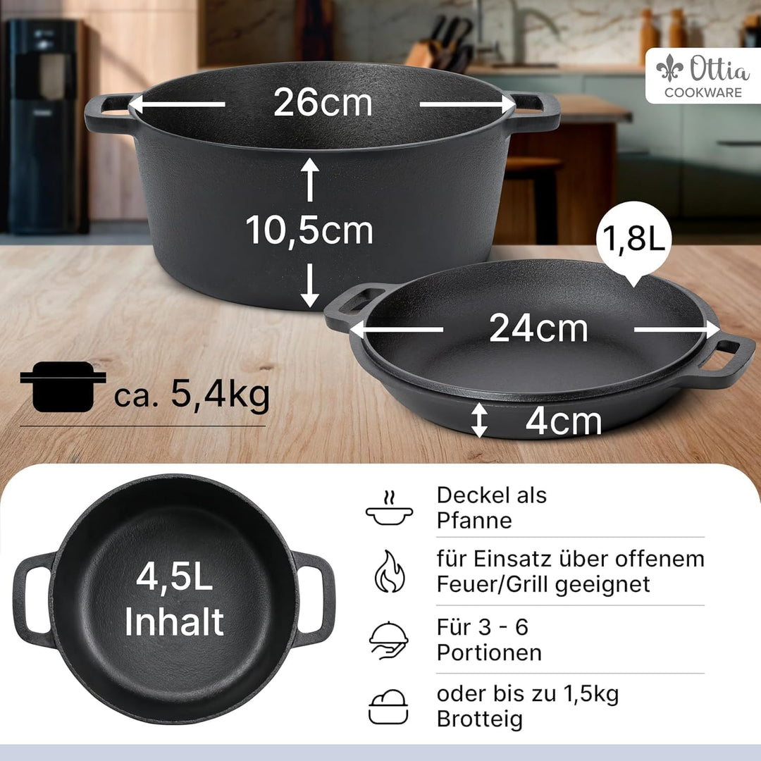 Ottia purer Gusseisen Topf mit Gärkorb, 26cm, als Brotbackform, Brotbacktopf, Dutch Oven, Brotbackfo