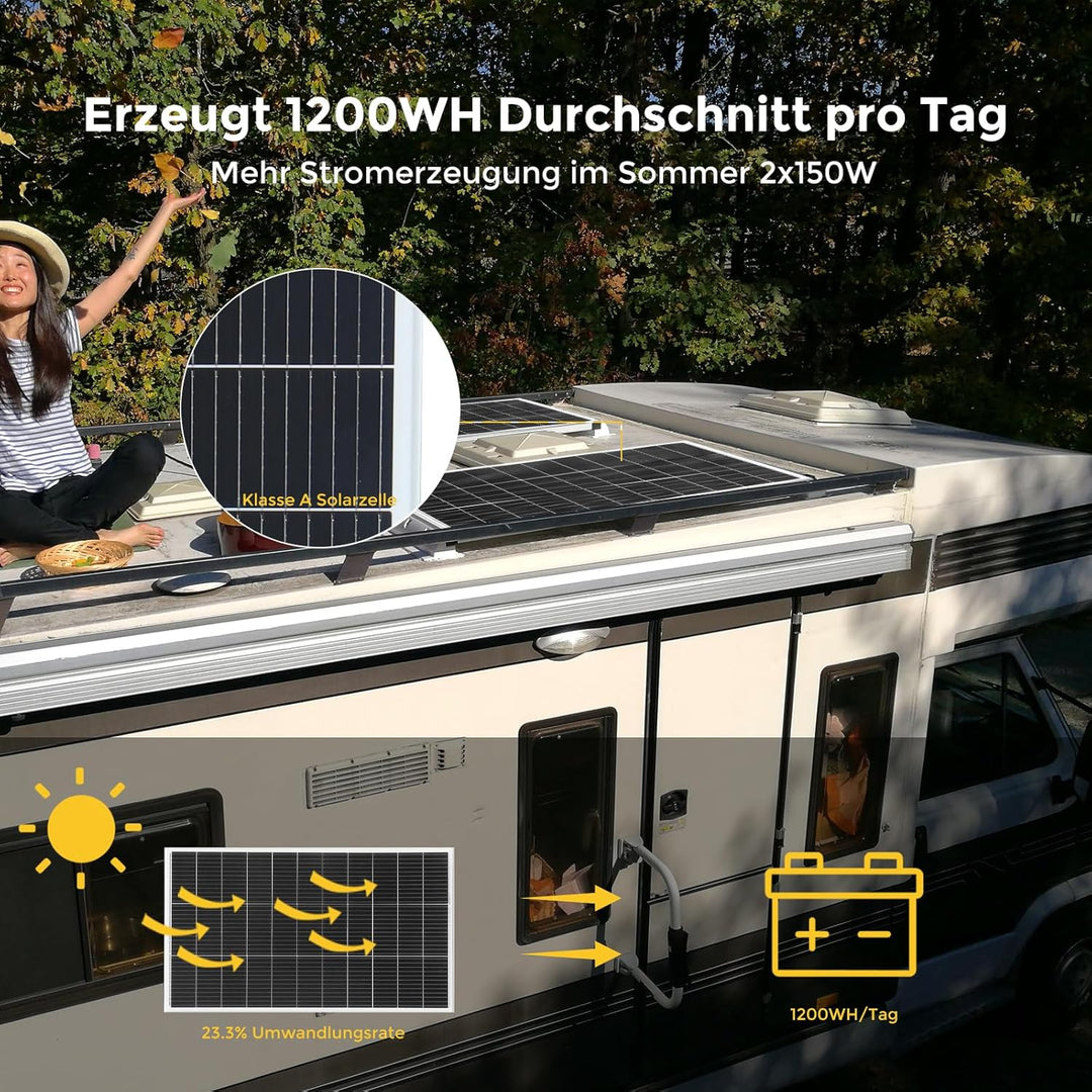 300W Solarpanel 12V, Monokristallines Solarpanel 300 Watt Wohnmobil, Solarmodul mit 90cm Solarkabel