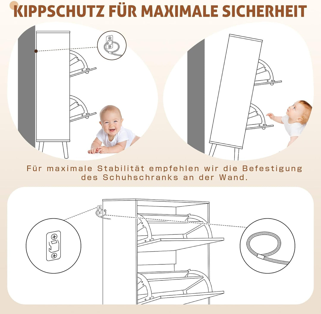 2pcs Schuhschrank Schmal 24 cm Tiefe Schuhkipper Nussbaum 2 Flip Klappen Holz Schuhschrank mit Schub