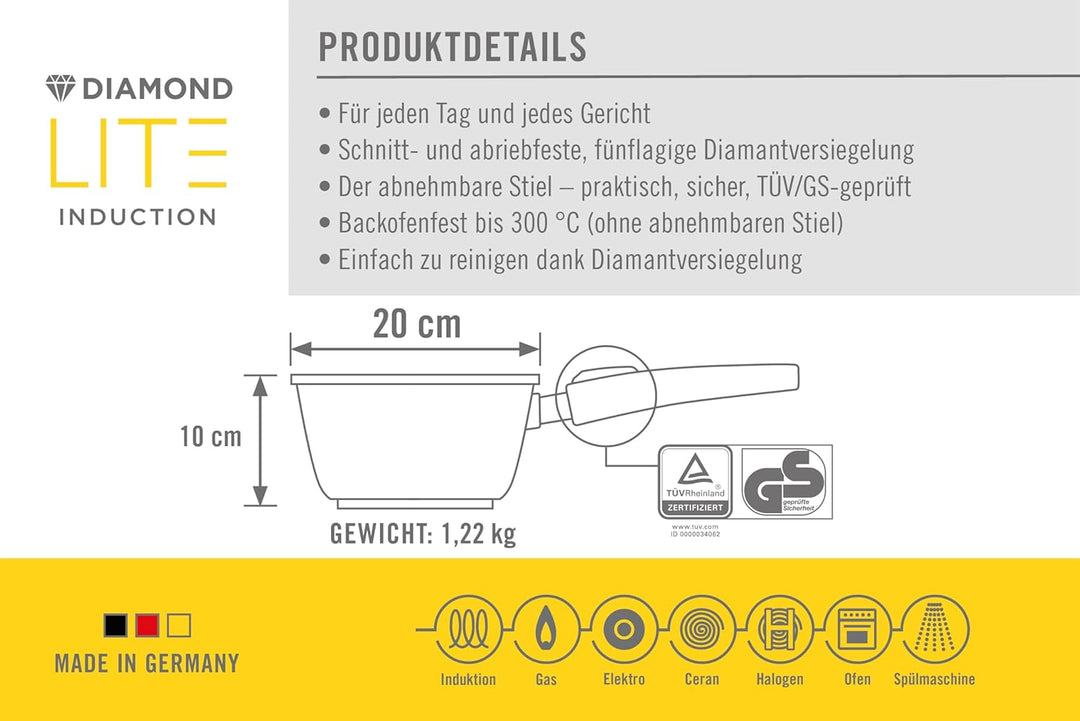 Woll Diamond Lite Stieltopf - Induktiv -, Ø 20 cm, 10 cm hoch, 2.5 Liter, mit abnehmbarem Stiel - Ge