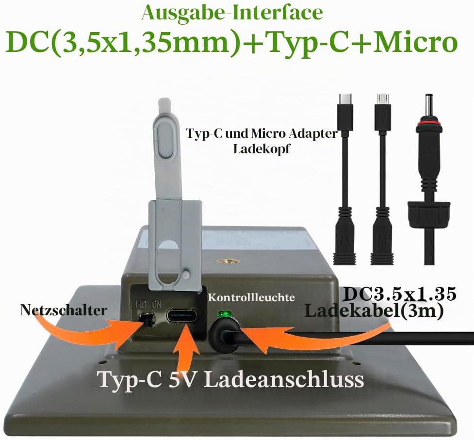 1Pack Solarpanel,3W/5V,Trail-Kameras,6000mAh Li-Ionen-Akku,Micro-USB/Typ-C/DC,Schnittstellen,IP66,ko