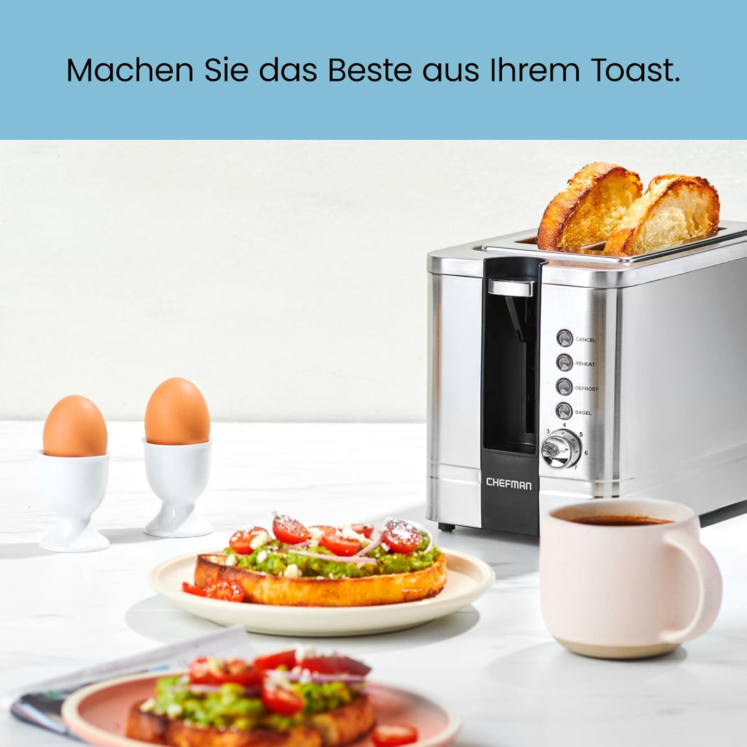 Chefman Edelstahl-Toaster für 2 Scheiben mit 7 Bräunungseinstellungen, extrabreiten Schlitzen für Ba