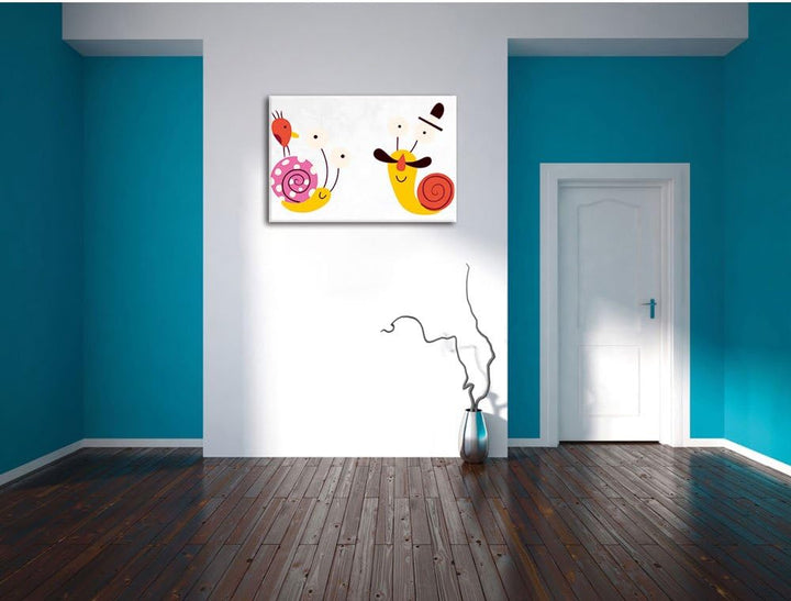 Pixxprint lustige Schnecken mit Vogel als Leinwandbild/Grösse: 100x70 cm/Wandbild/Kunstdruck/fertig